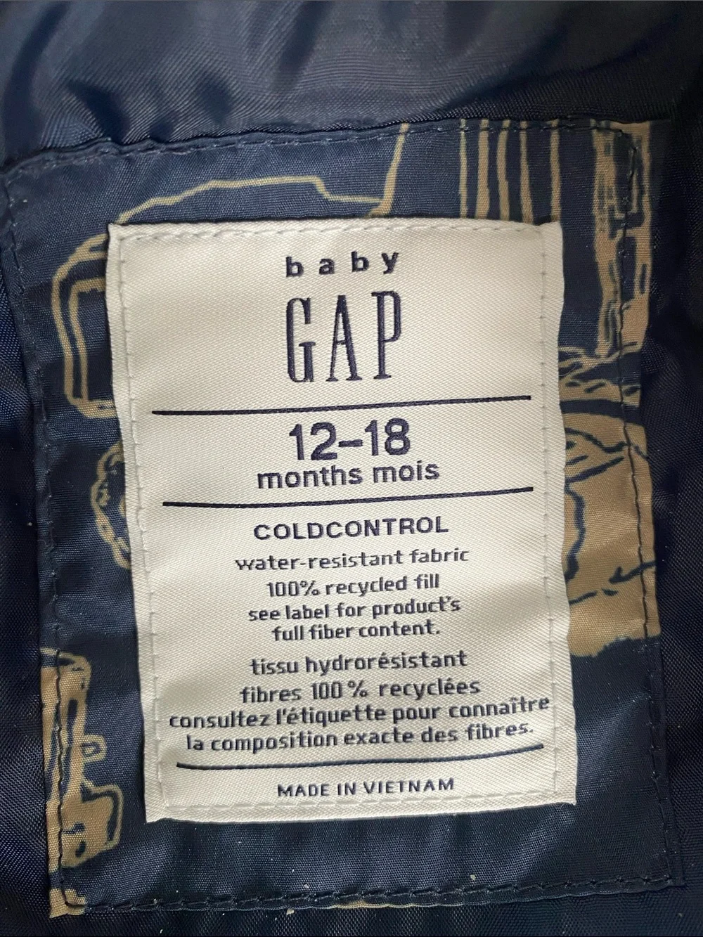 Like New! Baby Gap Navy Kids Puffer Vest with Tan Construction Truck Print